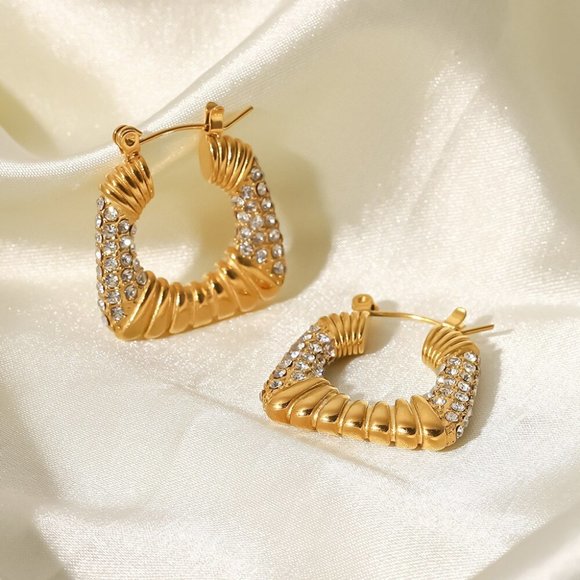 Zircon Chunky Square 18K Gold Plated Hoop Earrings Stainless Steel